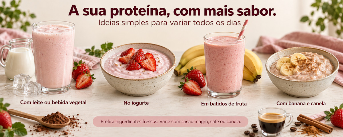 Sugest&otilde;es para preparar a prote&iacute;na: leite ou bebida vegetal, iogurte, batidos de fruta e banana com canela